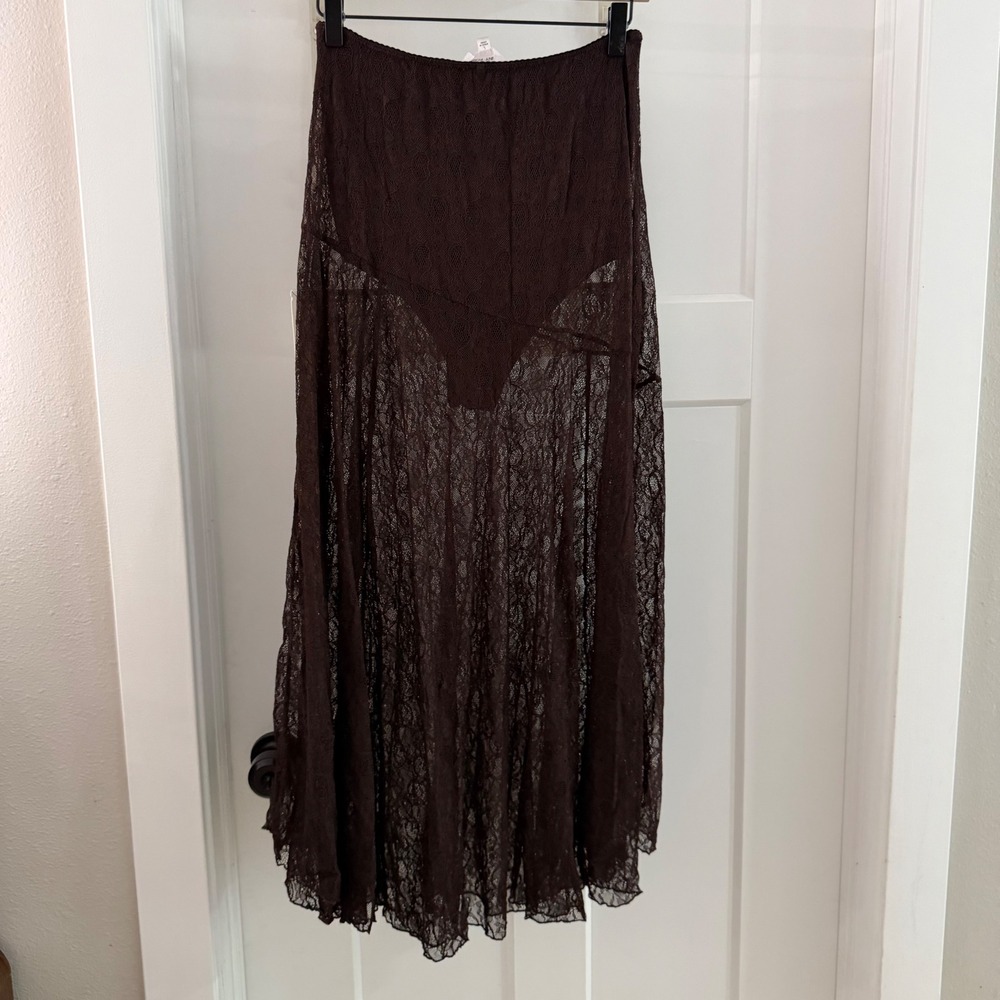 Ronny Kobo x FashionPass Brown Sheer Lace Maxi Skirt L Boho Ethereal Whimsygoth - Picture 3 of 4